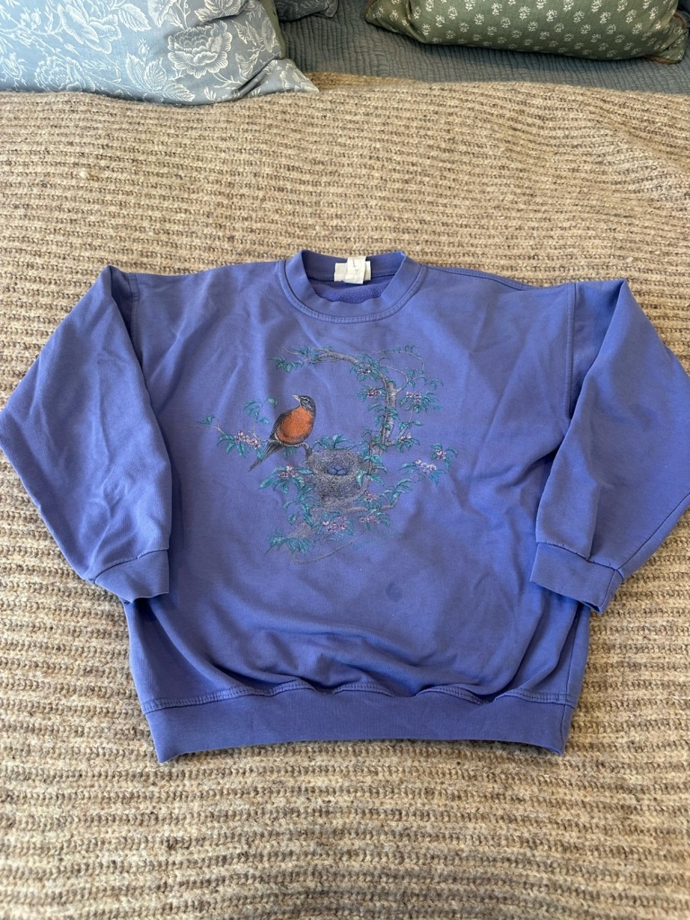 Northern Reflections Purple-Blue Crewneck Sweater with Bird Embroidery
